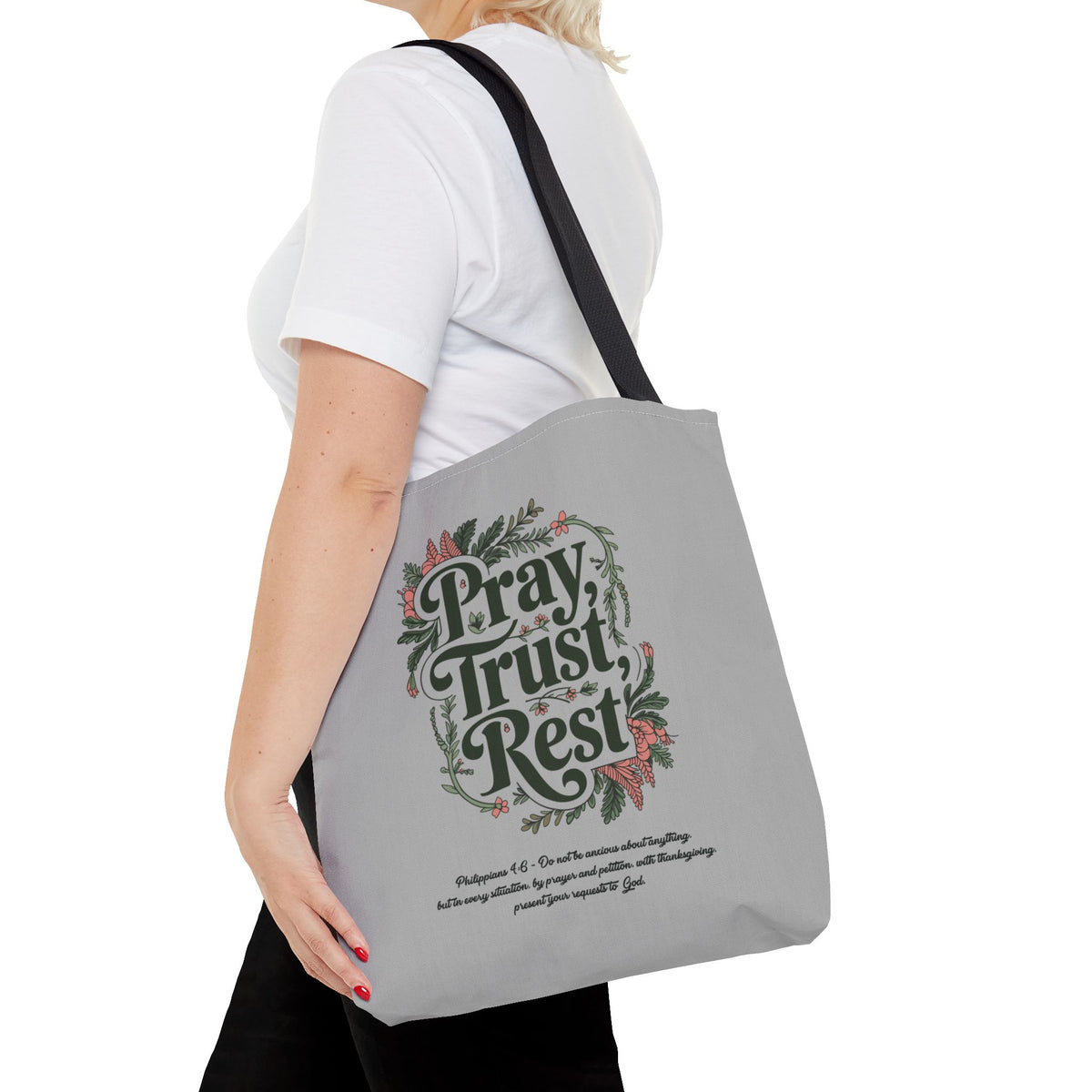 Pray, Trust, Rest Grey Tote Bag - Floral Faith Design