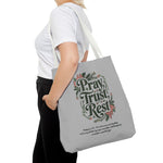 Pray, Trust, Rest Grey Tote Bag - Floral Faith Design