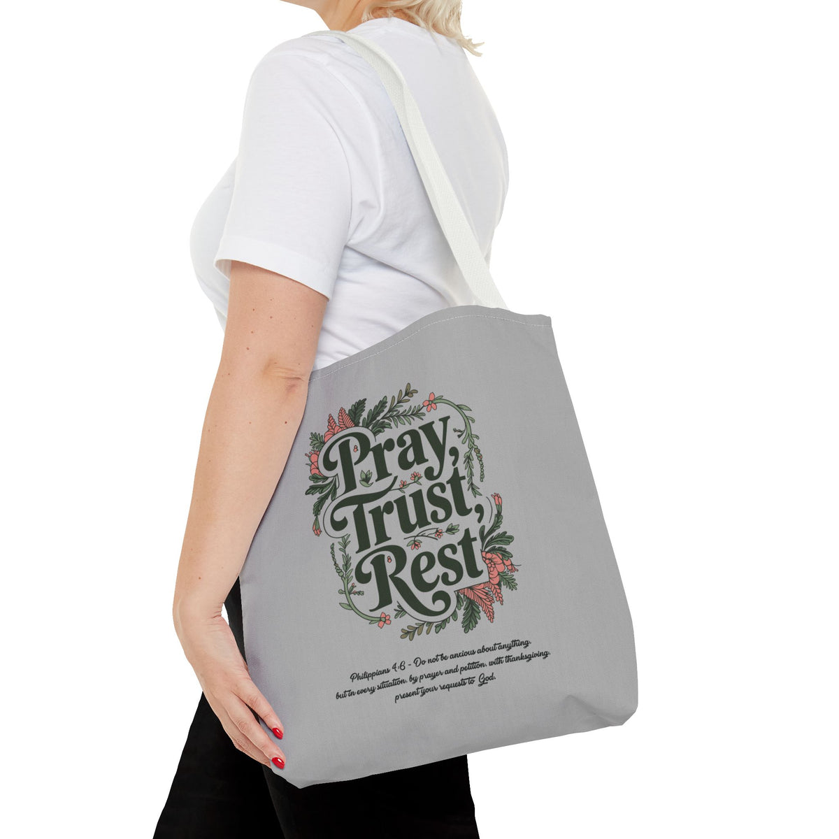 Pray, Trust, Rest Grey Tote Bag - Floral Faith Design