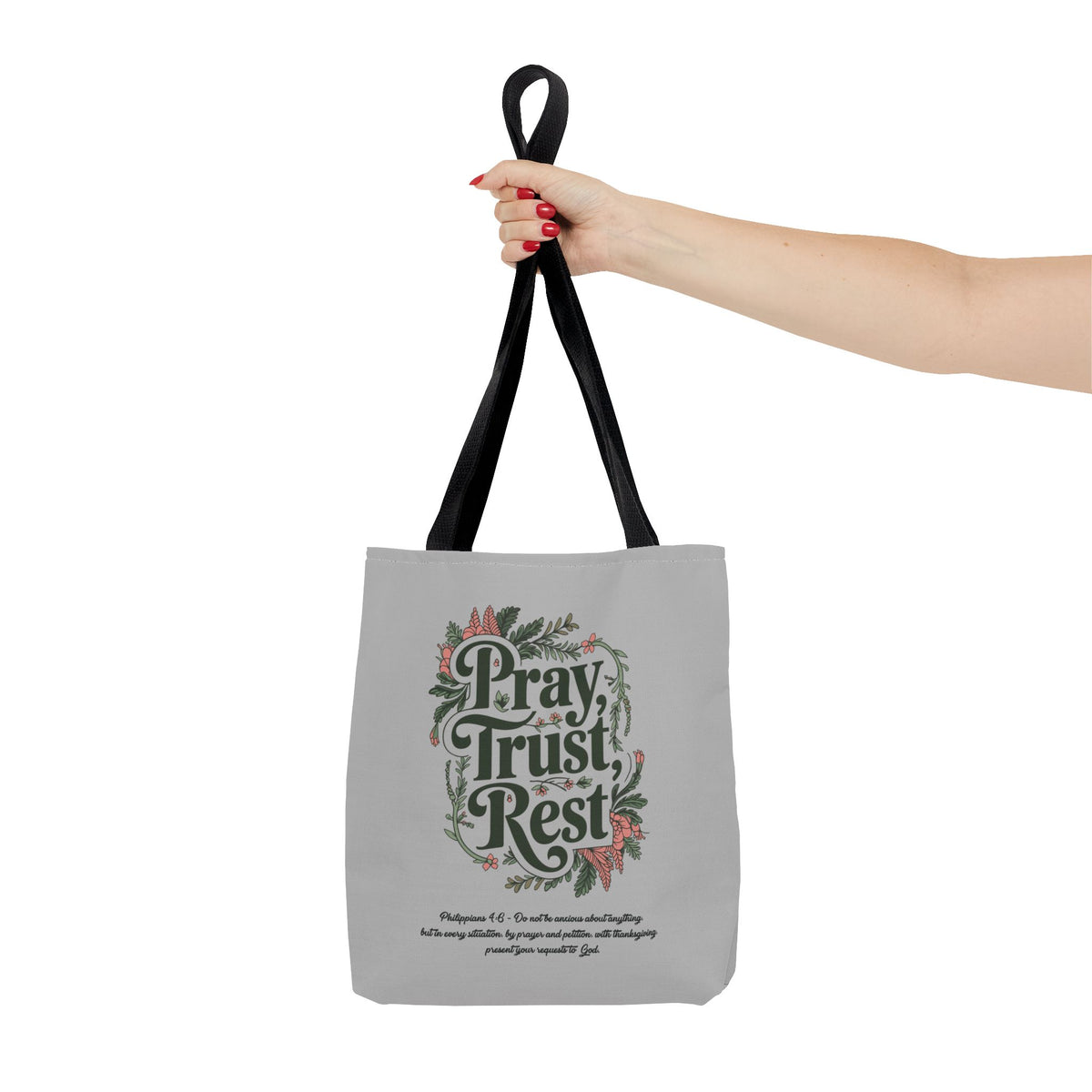 Pray, Trust, Rest Grey Tote Bag - Floral Faith Design