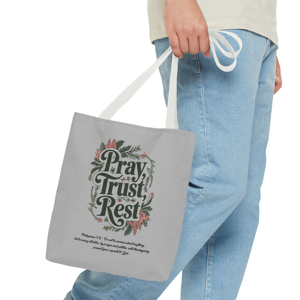 Pray, Trust, Rest Grey Tote Bag - Floral Faith Design